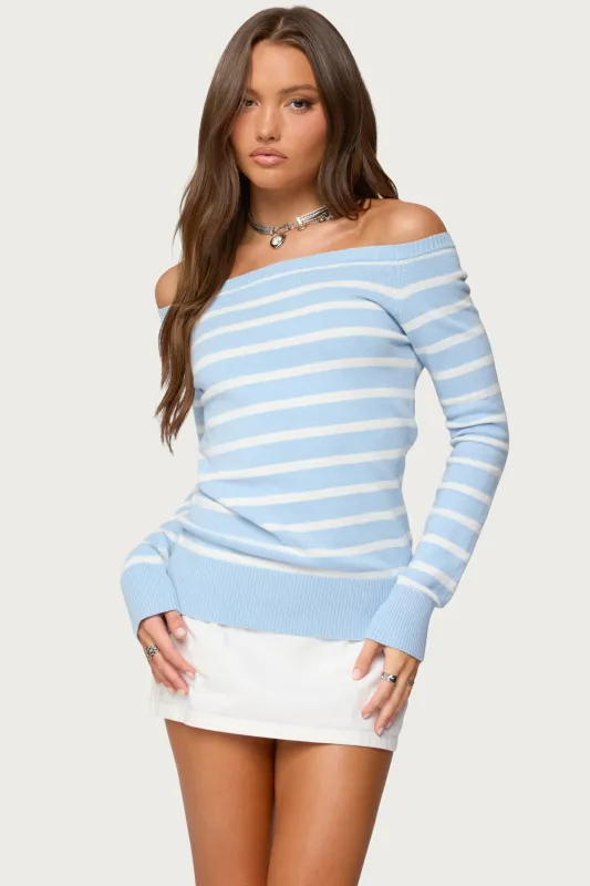 Lori Striped Off Shoulder Sweater sold by Edikted