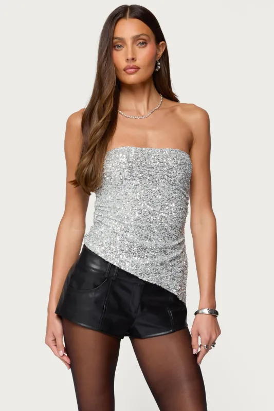 Sequin Asymmetric Slit Strapless Top sold by Edikted