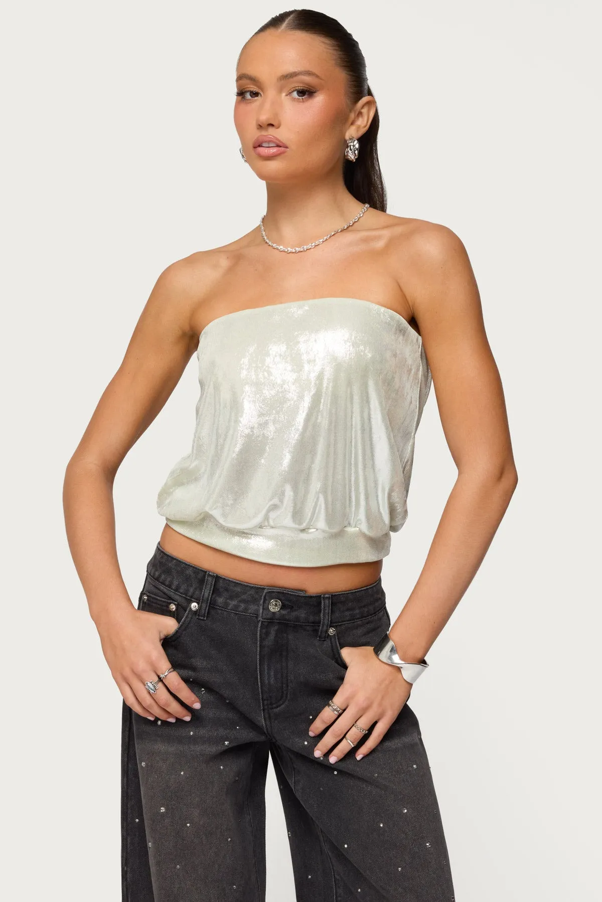 Leira Silky Sparkly Strapless Top sold by Edikted