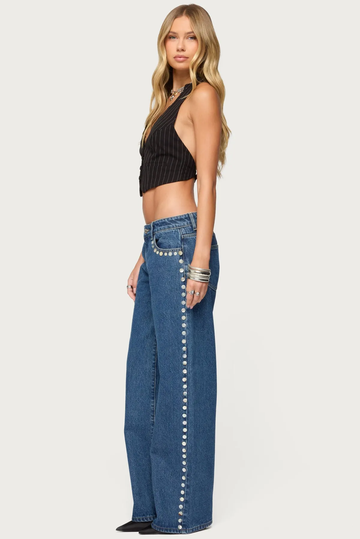 Iridescent Button Low Rise Baggy Jeans sold by Edikted product image thumbnail 3