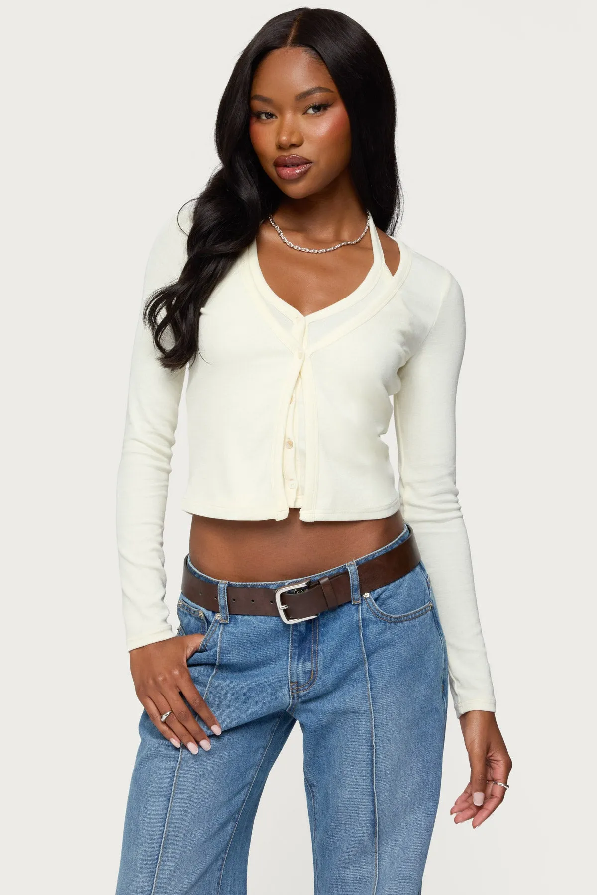 Cardigan & Halter Two Piece Knit Top sold by Edikted