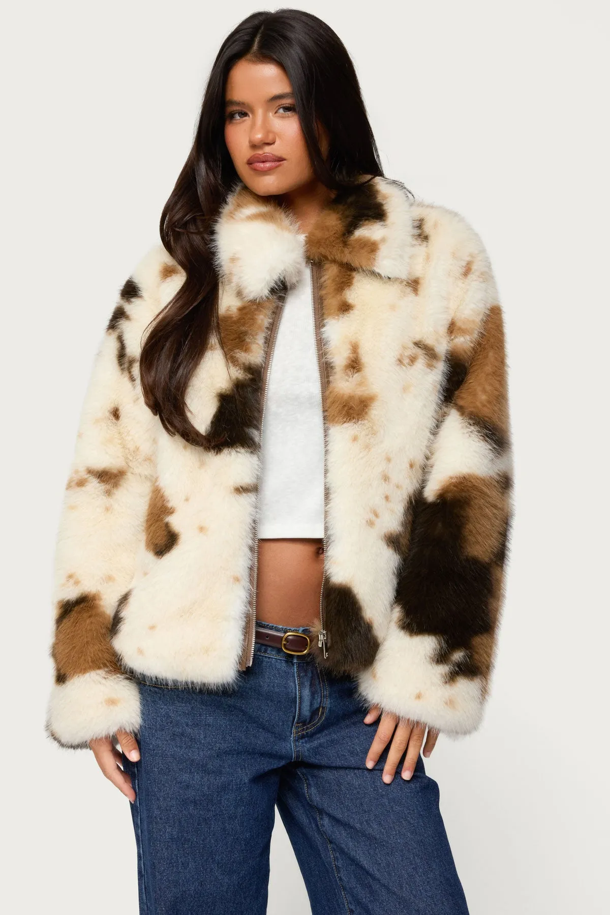 Rayan Cow Print Faux Fur Jacket sold by Edikted product image thumbnail 2