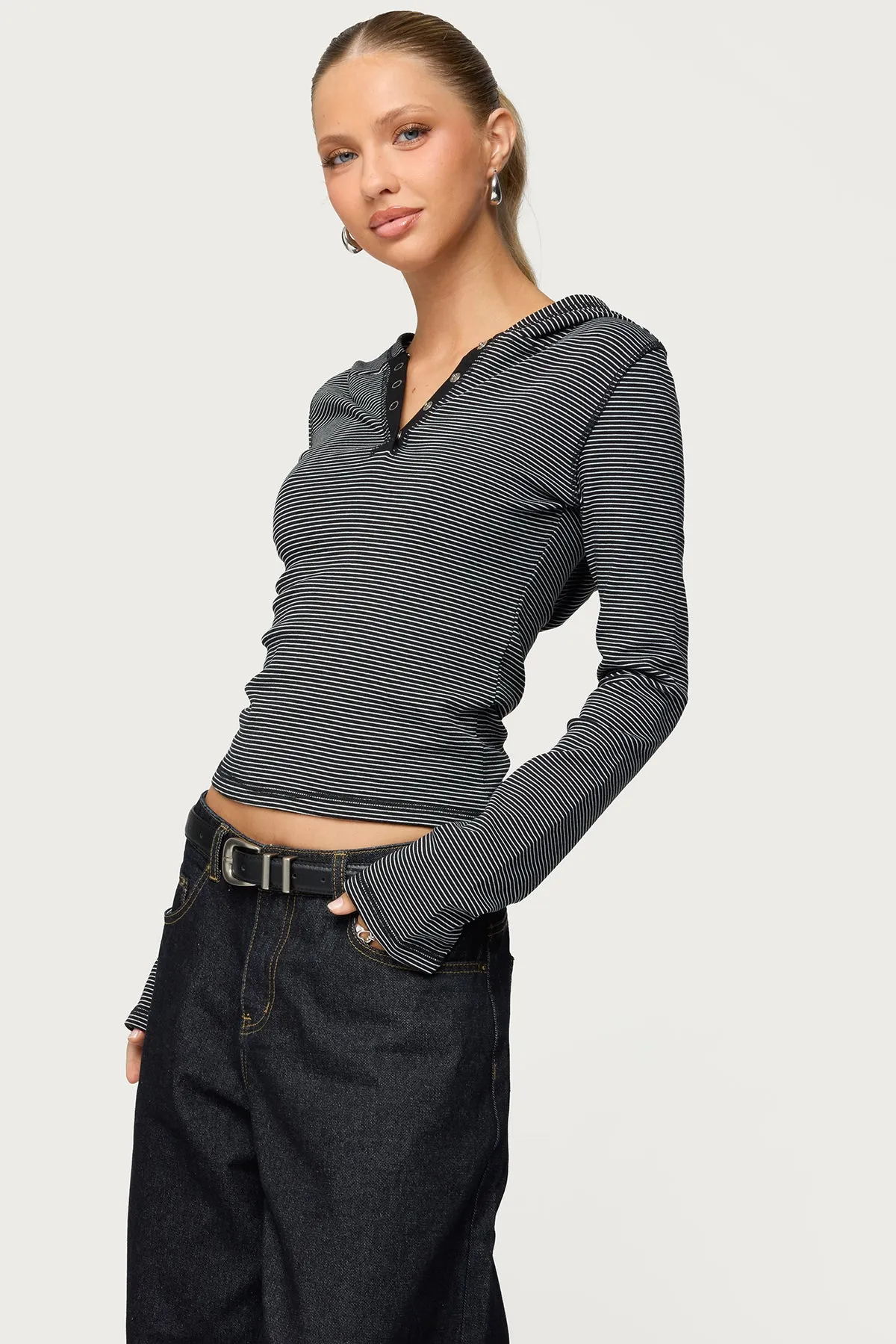 Damson Striped Hooded Henley Top sold by Edikted product image thumbnail 3