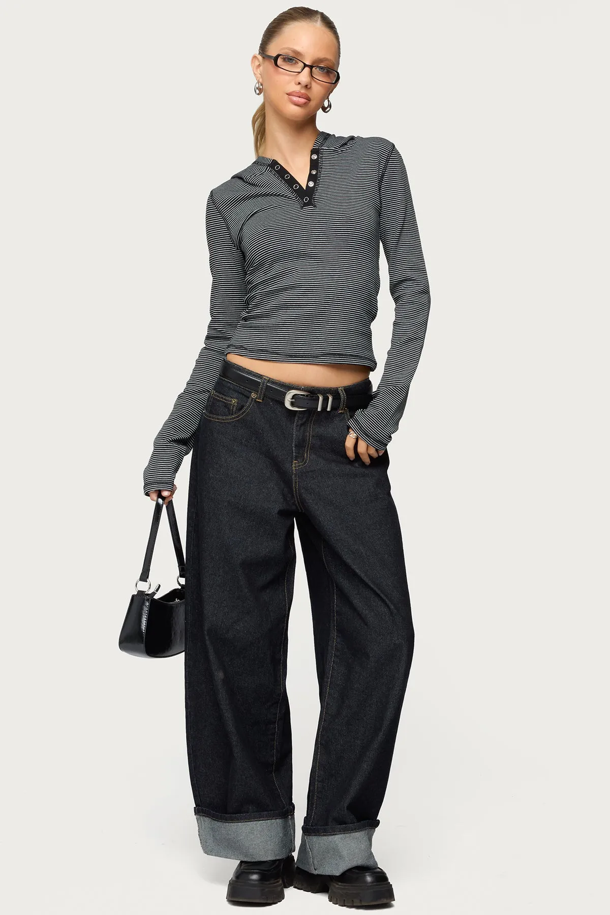 Damson Striped Hooded Henley Top sold by Edikted product image thumbnail 2