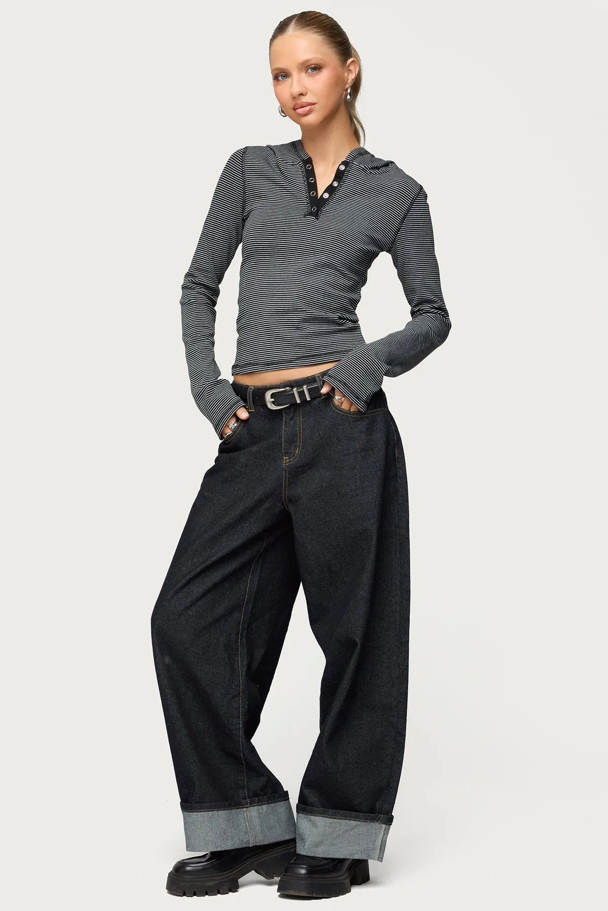 Damson Striped Hooded Henley Top sold by Edikted product image thumbnail 5