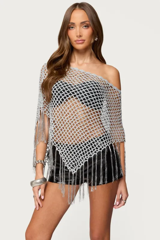 Evette Fringe Open Knit Metallic Poncho sold by Edikted