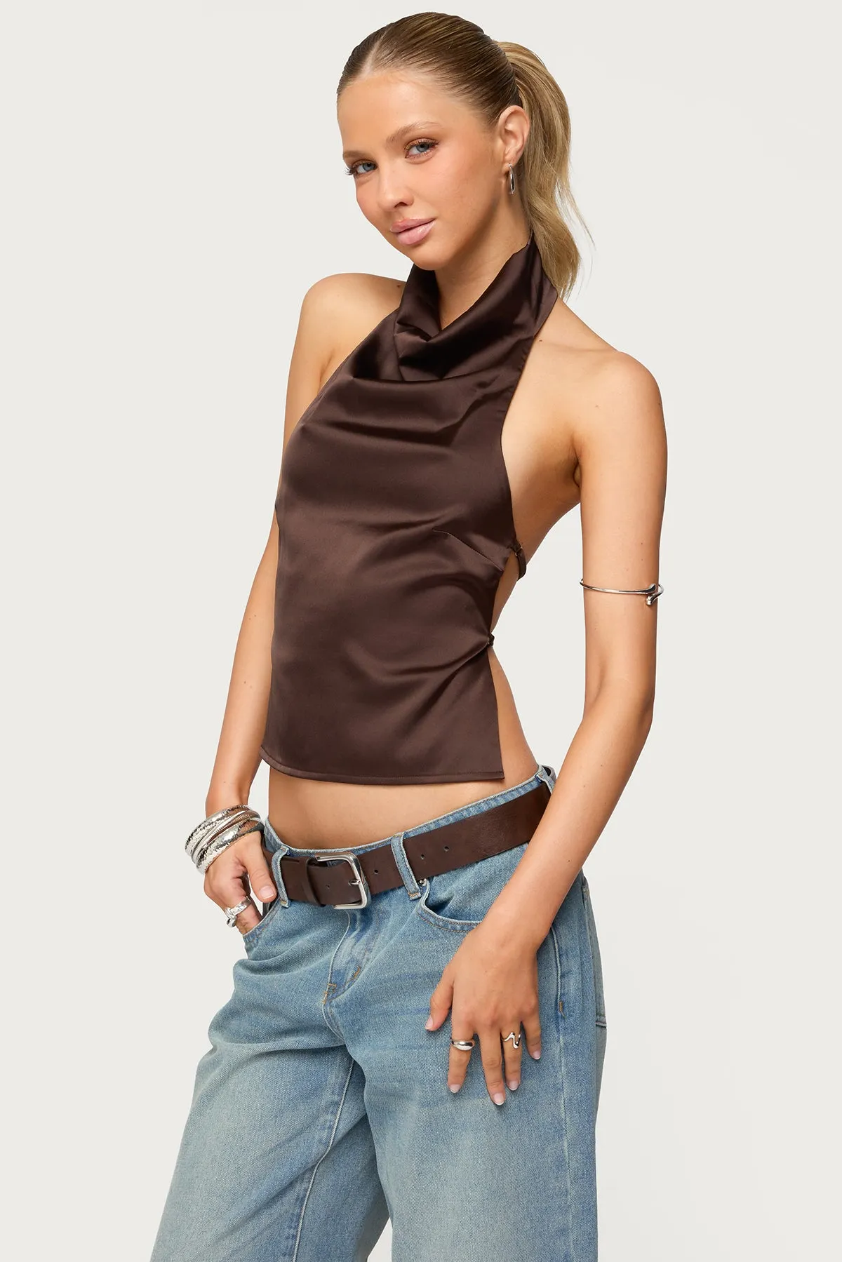 Satin Effect Backless Cowl Neck Top sold by Edikted product image thumbnail 3