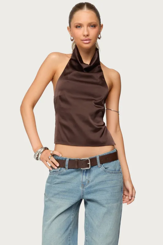 Satin Effect Backless Cowl Neck Top sold by Edikted