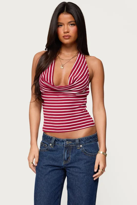 Striped Cowl Neck Halter Top sold by Edikted