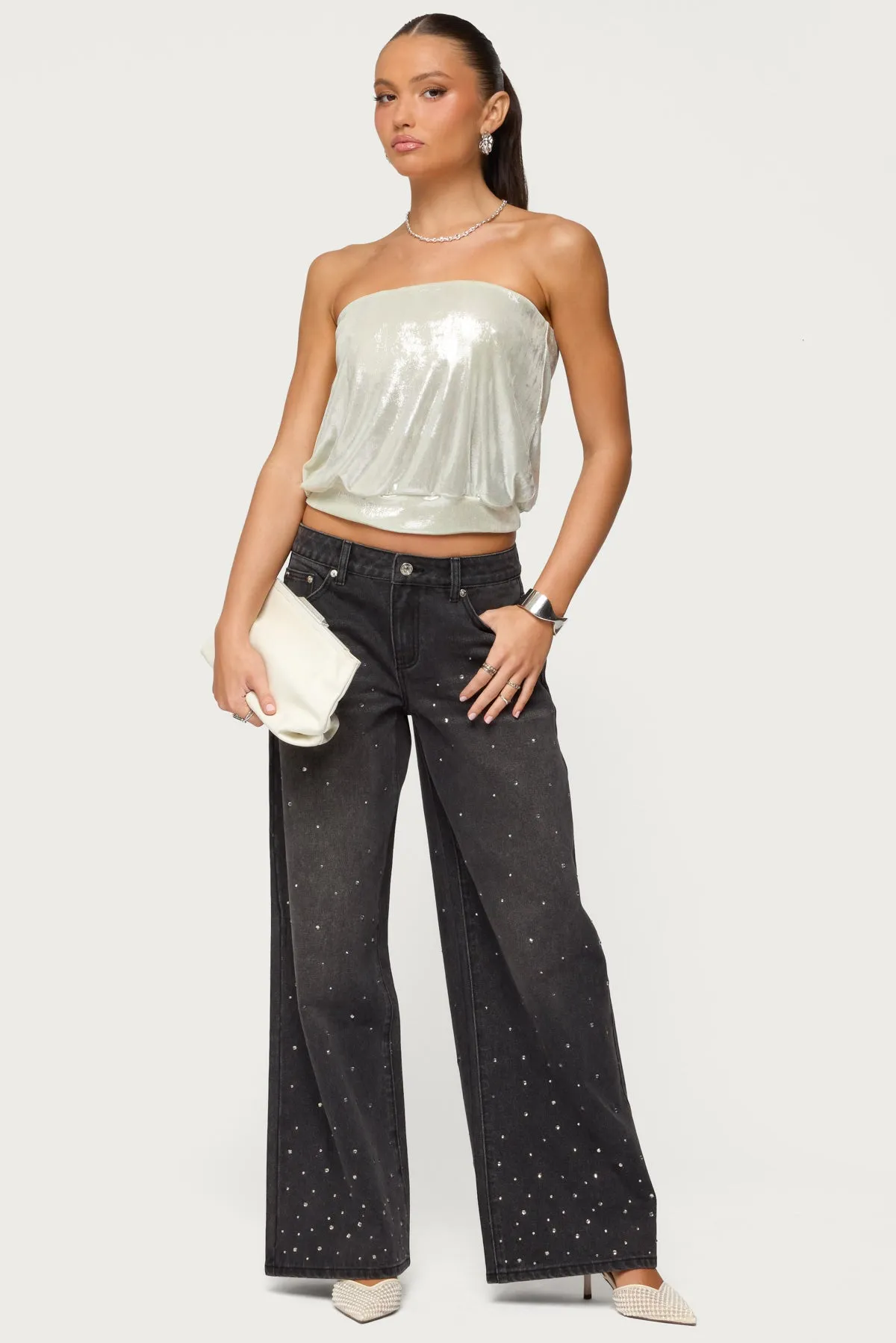 Rhinestone Washed Low Rise Baggy Jeans sold by Edikted