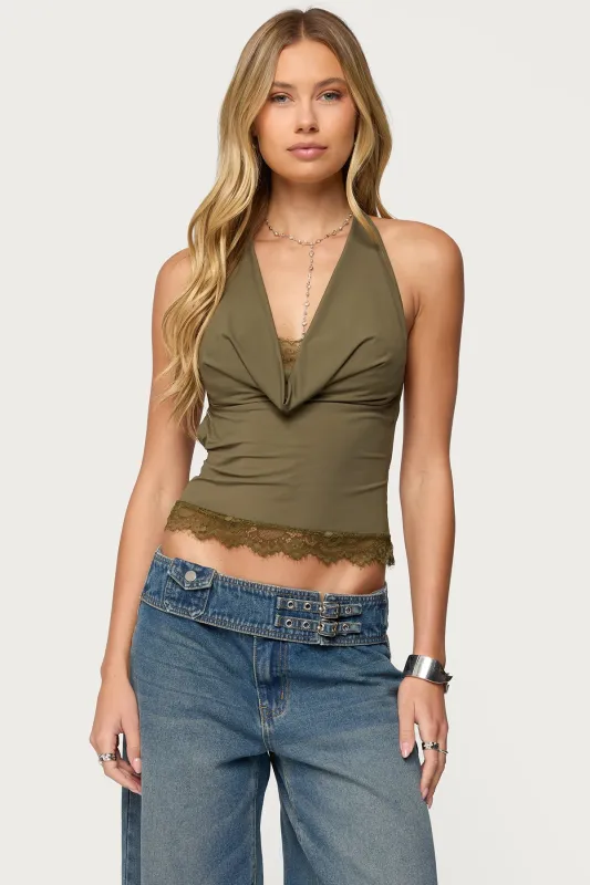Layered Lacey Cowl Neck Halter Top sold by Edikted