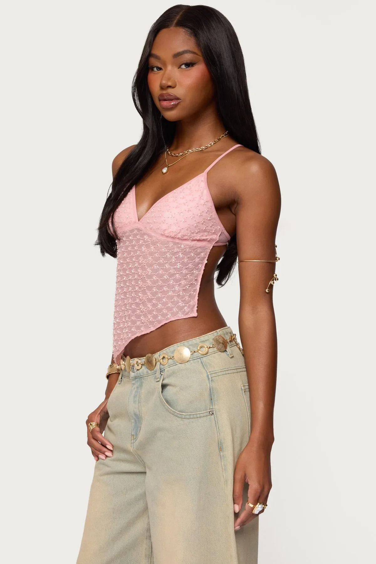 Beaded Mesh Asymmetric Backless Top sold by Edikted product image thumbnail 3