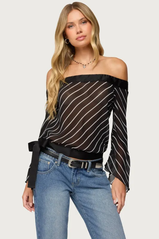 Diagonal Striped Off Shoulder Chiffon Top sold by Edikted