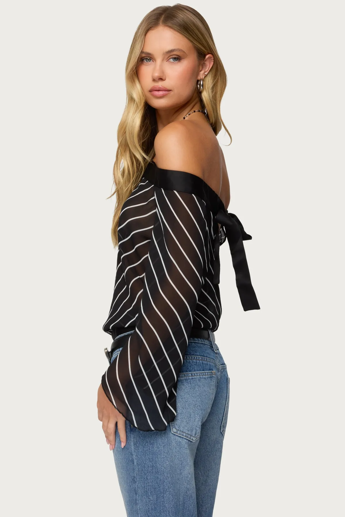 Diagonal Striped Off Shoulder Chiffon Top sold by Edikted product image thumbnail 4