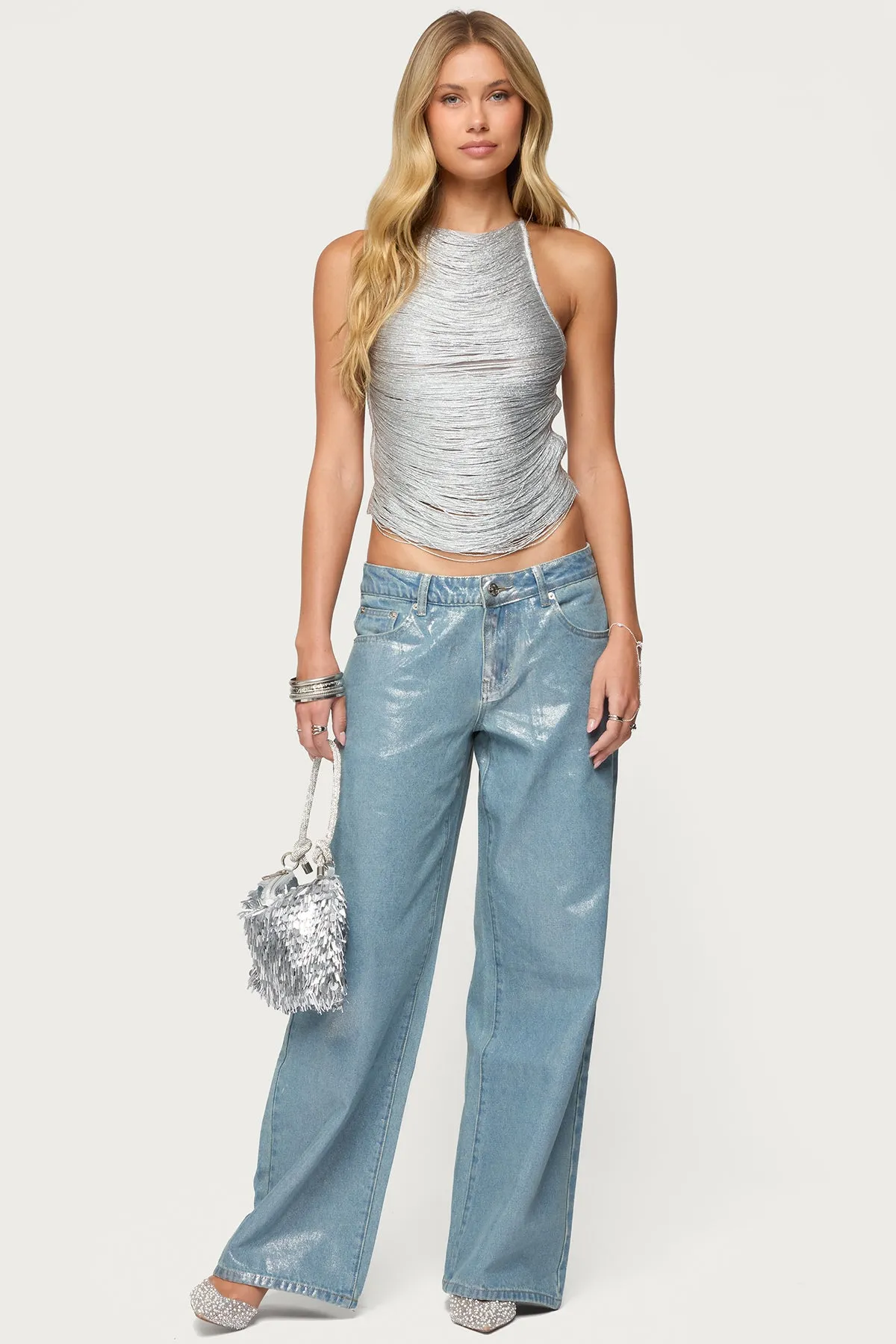 Jenney Shiny Low Rise Baggy Jeans sold by Edikted