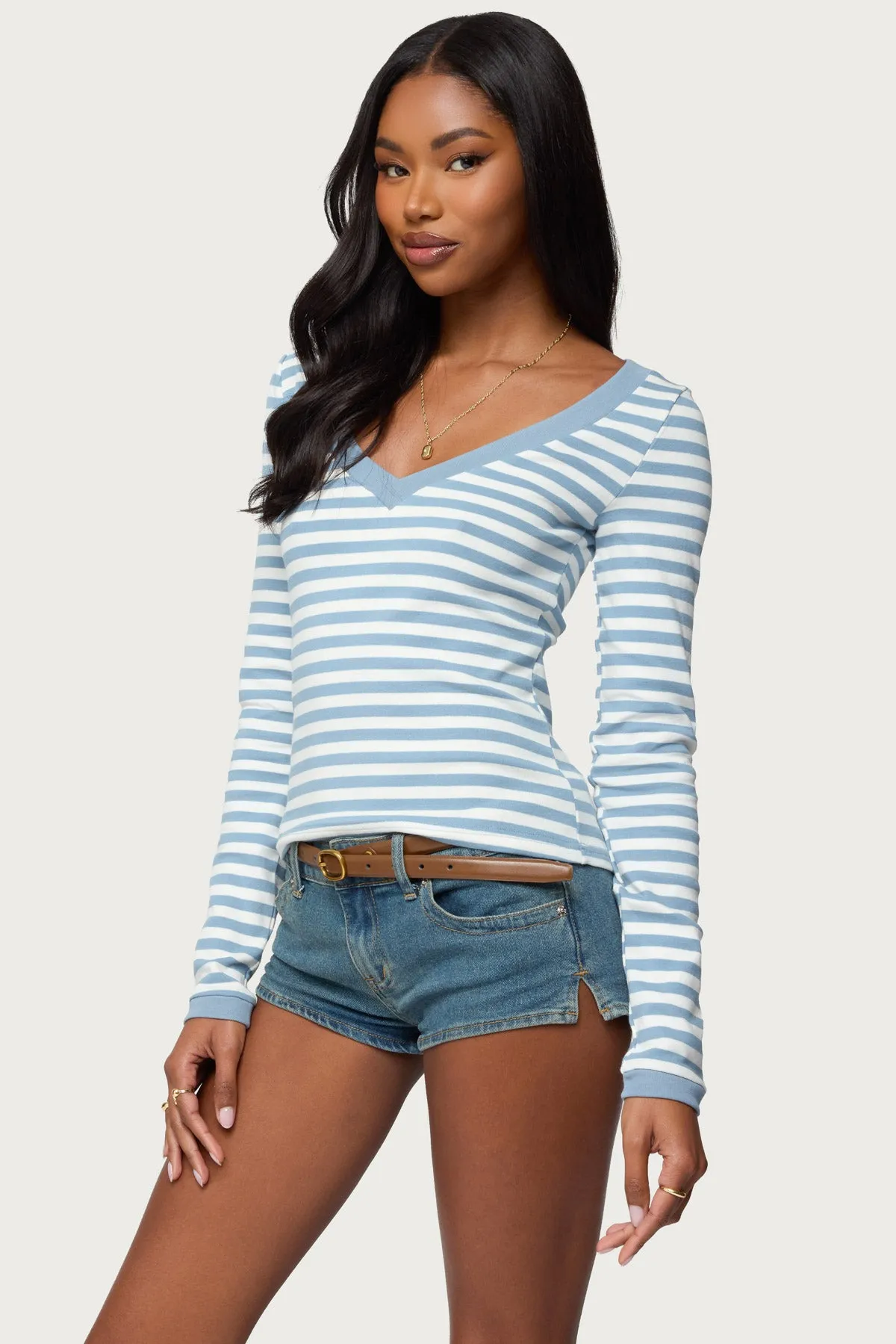 Kimi Striped Long Sleeve V Neck Top sold by Edikted product image thumbnail 3
