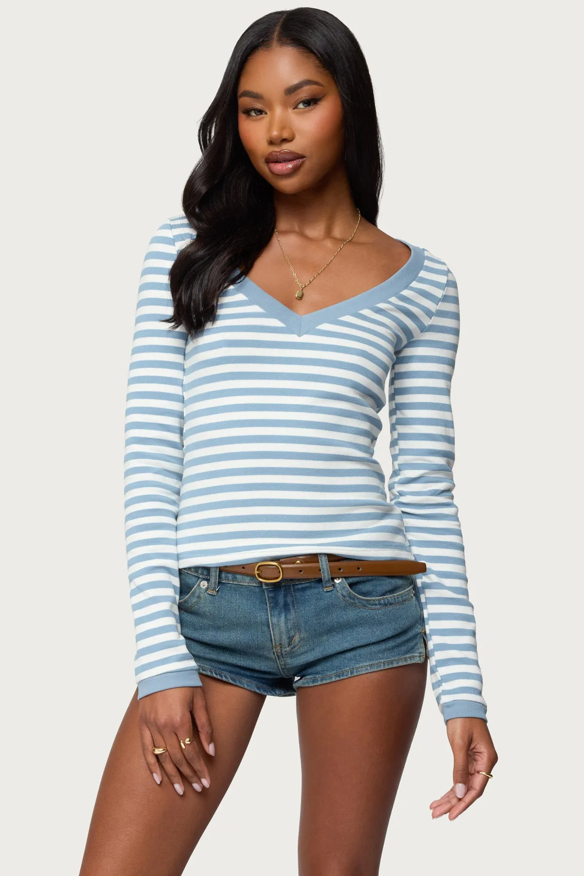 Kimi Striped Long Sleeve V Neck Top sold by Edikted