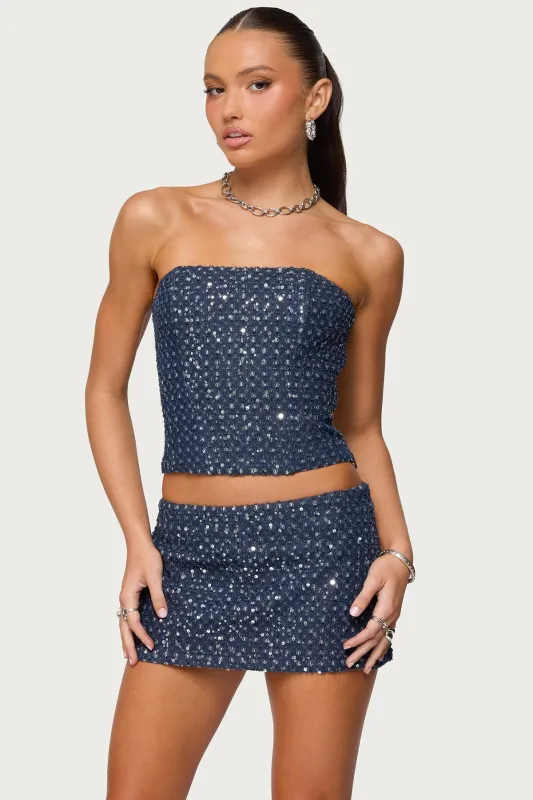 Sora Sequin Distressed Denim Corset sold by Edikted