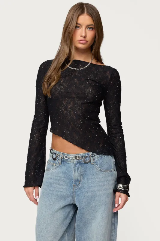 Mare Asymmetric Gem Sheer Lace Top sold by Edikted