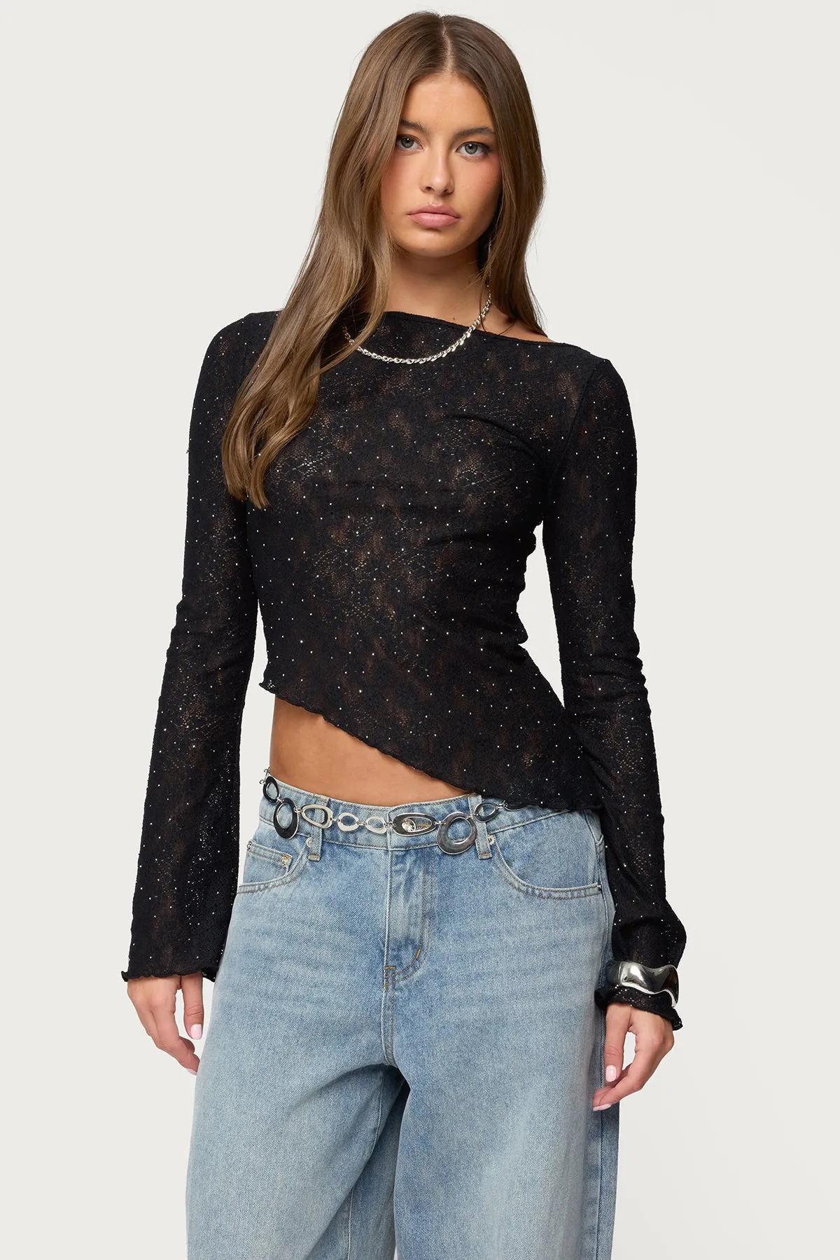 Mare Asymmetric Gem Sheer Lace Top sold by Edikted