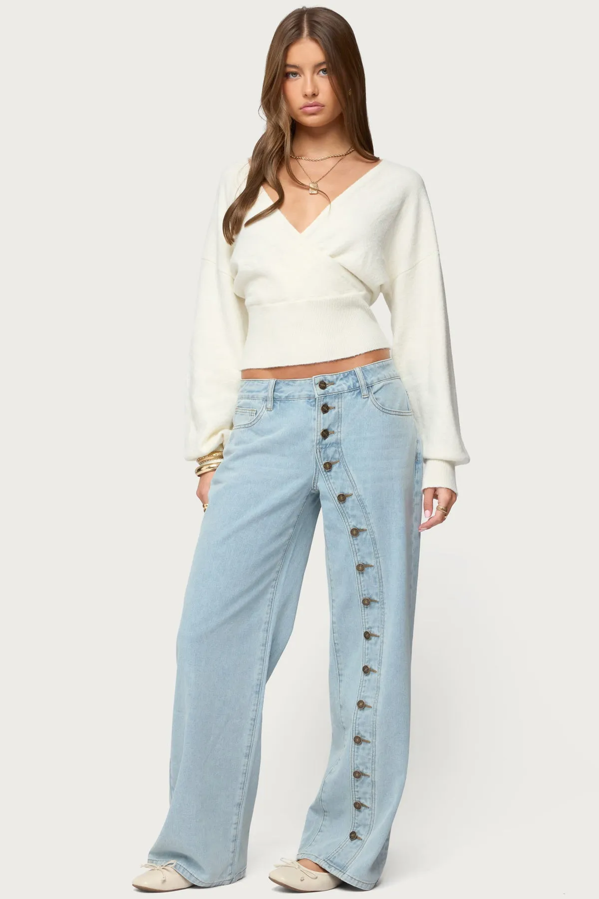 Adison Button Low Rise Baggy Jeans sold by Edikted