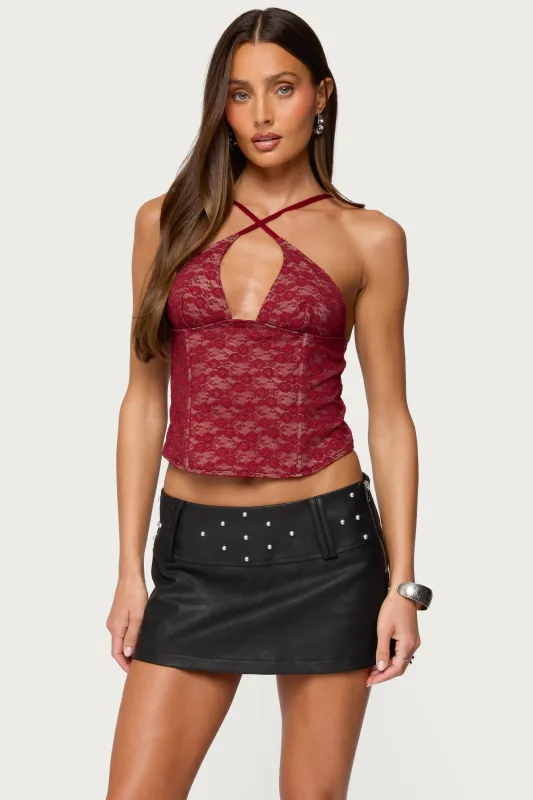 Tyra Crisscross Lace Boned Top sold by Edikted