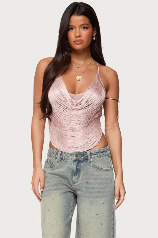 Elenie Fringed Cowl Neck Top sold by Edikted