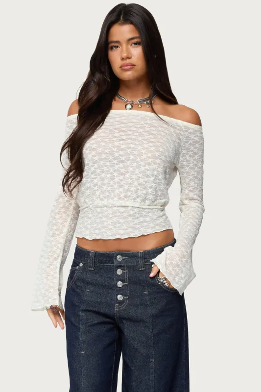Alef Sheer Lace Off Shoulder Top sold by Edikted