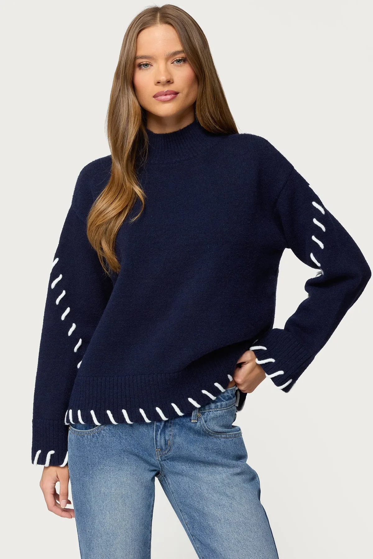 Indah Contrast Stitch Oversized Sweater sold by Edikted