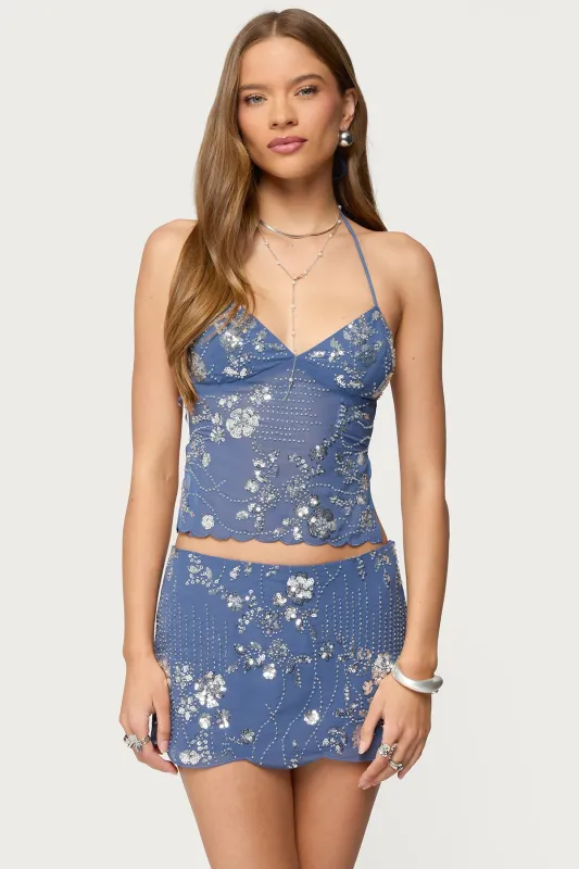 Nelley Backless Beaded Sequin Chiffon Top sold by Edikted