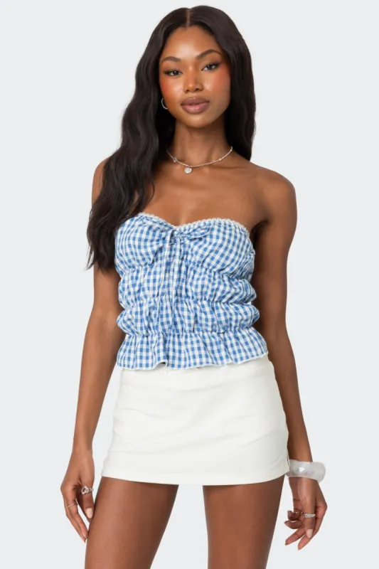Lanna Gingham Elastic Scrunch Top sold by Edikted