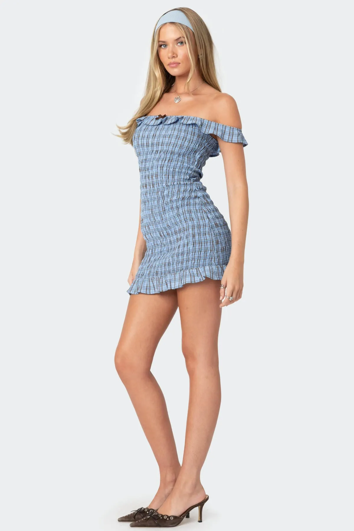 Off Shoulder Scrunched Plaid Mini Dress sold by Edikted product image thumbnail 3