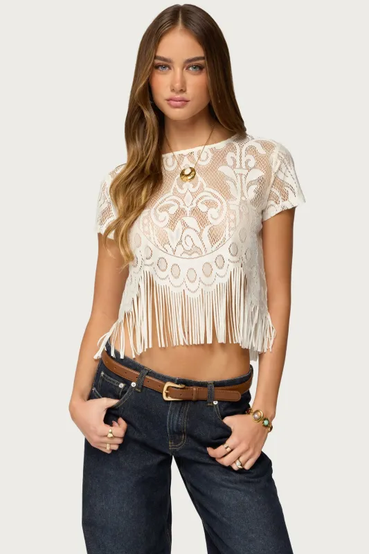 Kira Sheer Lace Fringe Top sold by Edikted