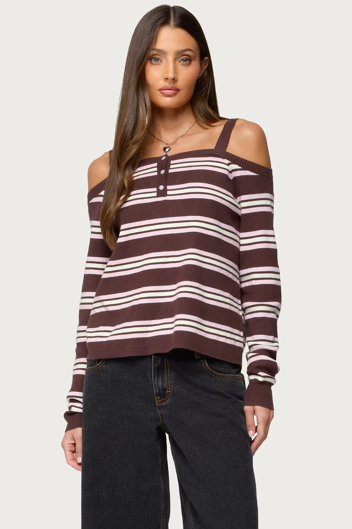 Shyla Off Shoulder Striped Knit Top sold by Edikted