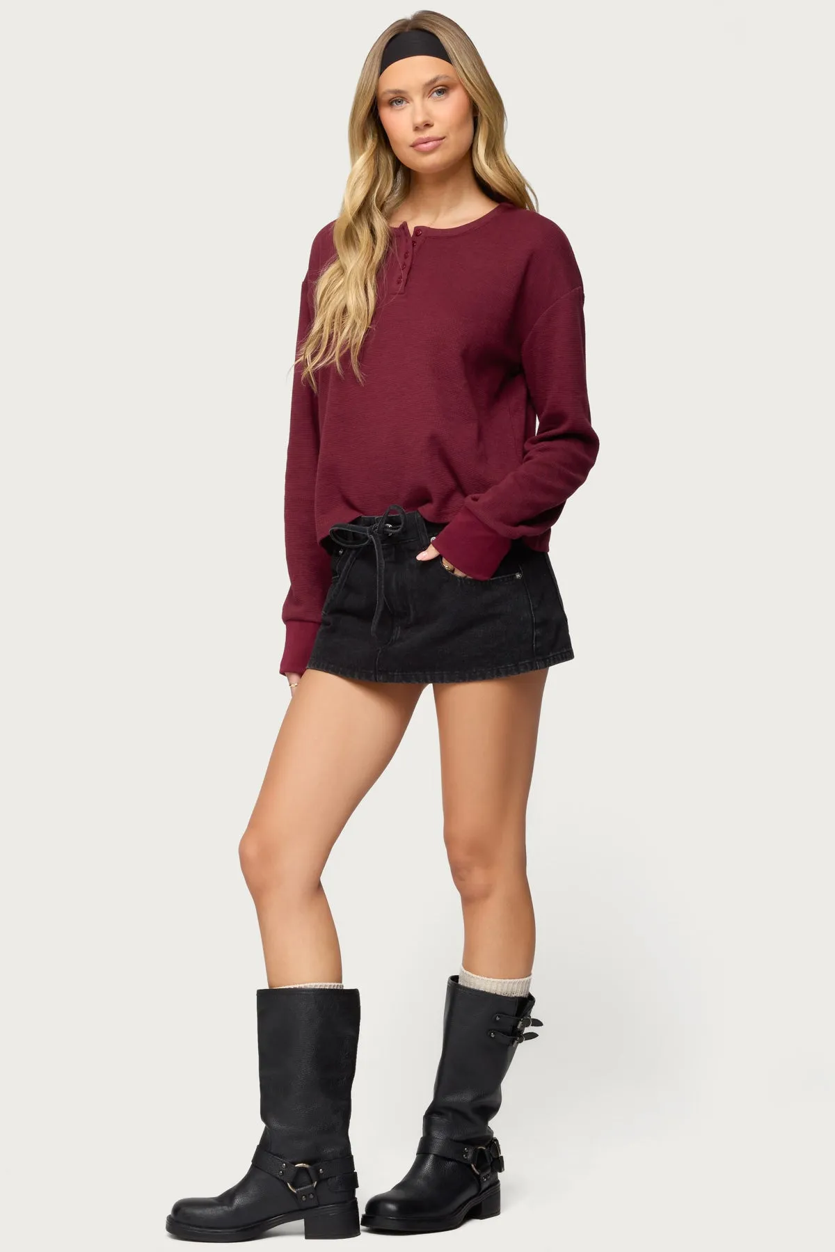 Deni Long Sleeve Henley Waffle Top sold by Edikted product image thumbnail 5