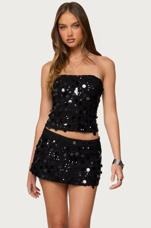 Alenna Sequin Denim Strapless Corset sold by Edikted