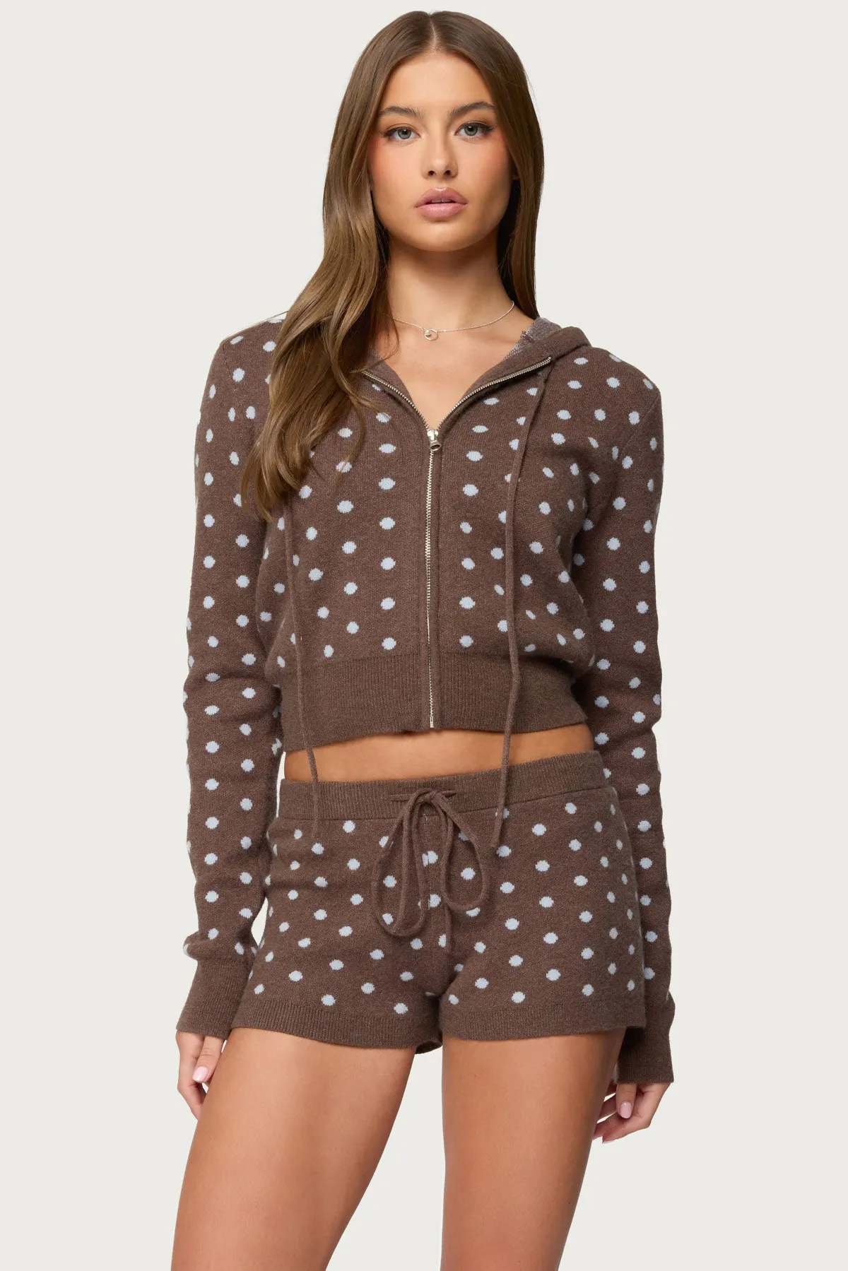 Kenny Polka Dot Knit Zip Up Hooded Cardigan sold by Edikted