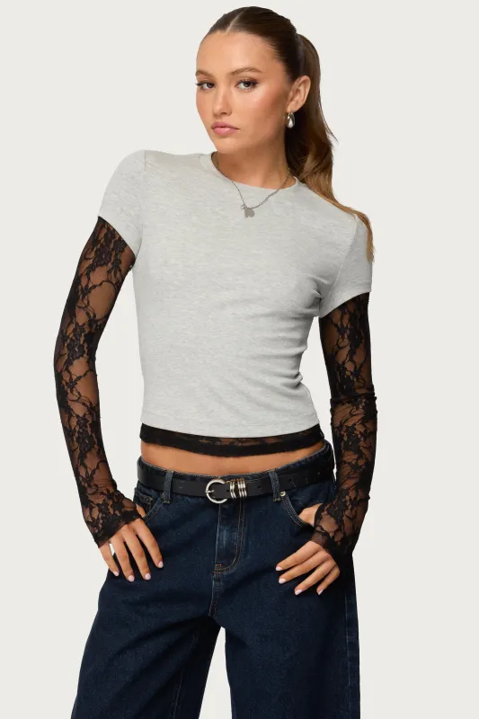 Layered Lace Sleeve T Shirt sold by Edikted
