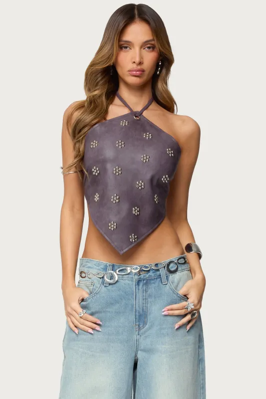 Shila Studded Faux Leather Backless Top made by Edikted
