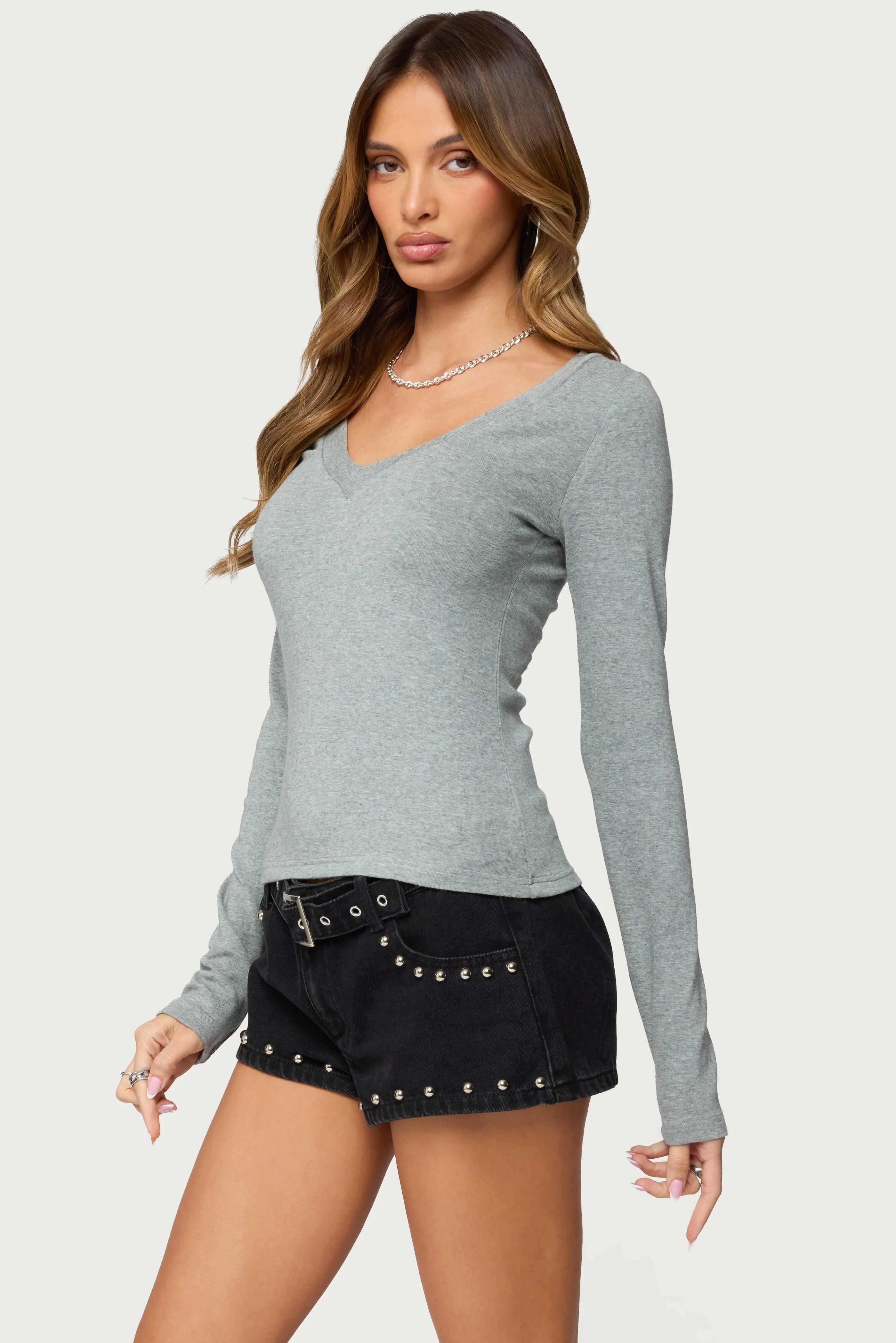 Larna V Neck Ribbed T Shirt sold by Edikted product image thumbnail 3