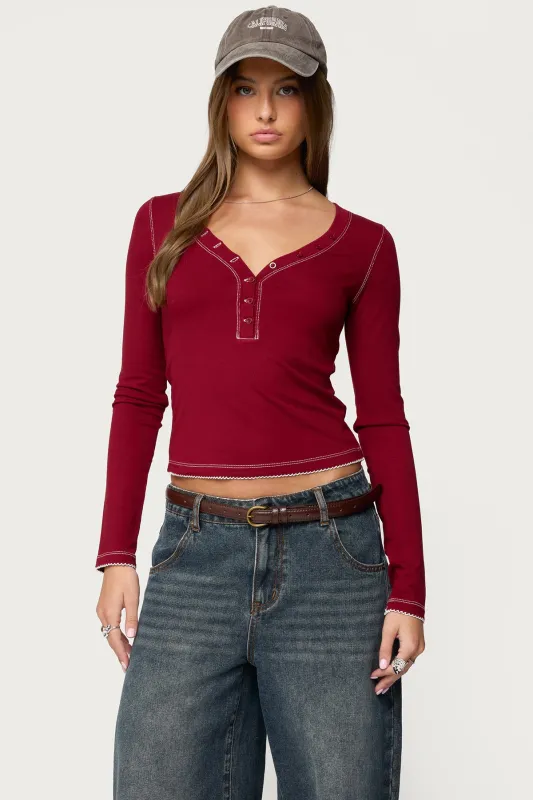 Yael Contrast Stitch Henley Top sold by Edikted