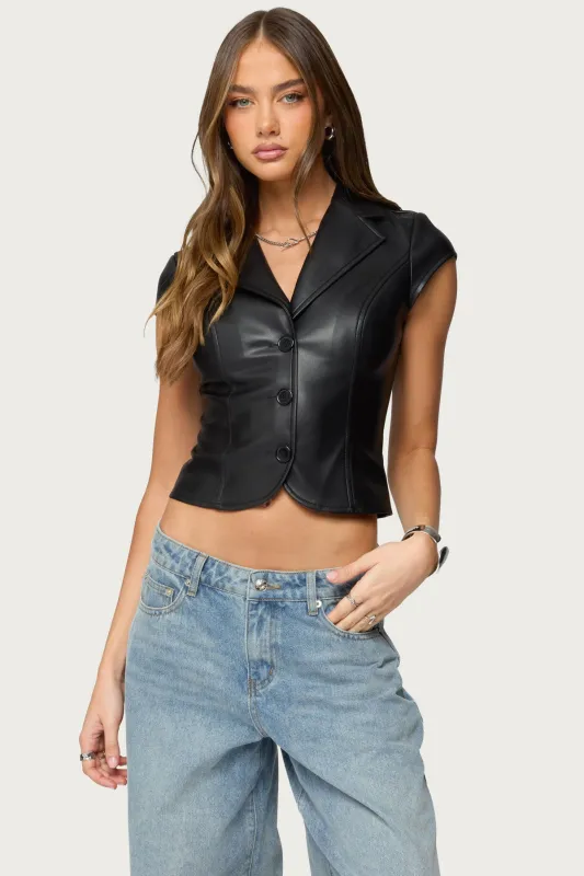 Faux Leather Tailored Button Up Top sold by Edikted