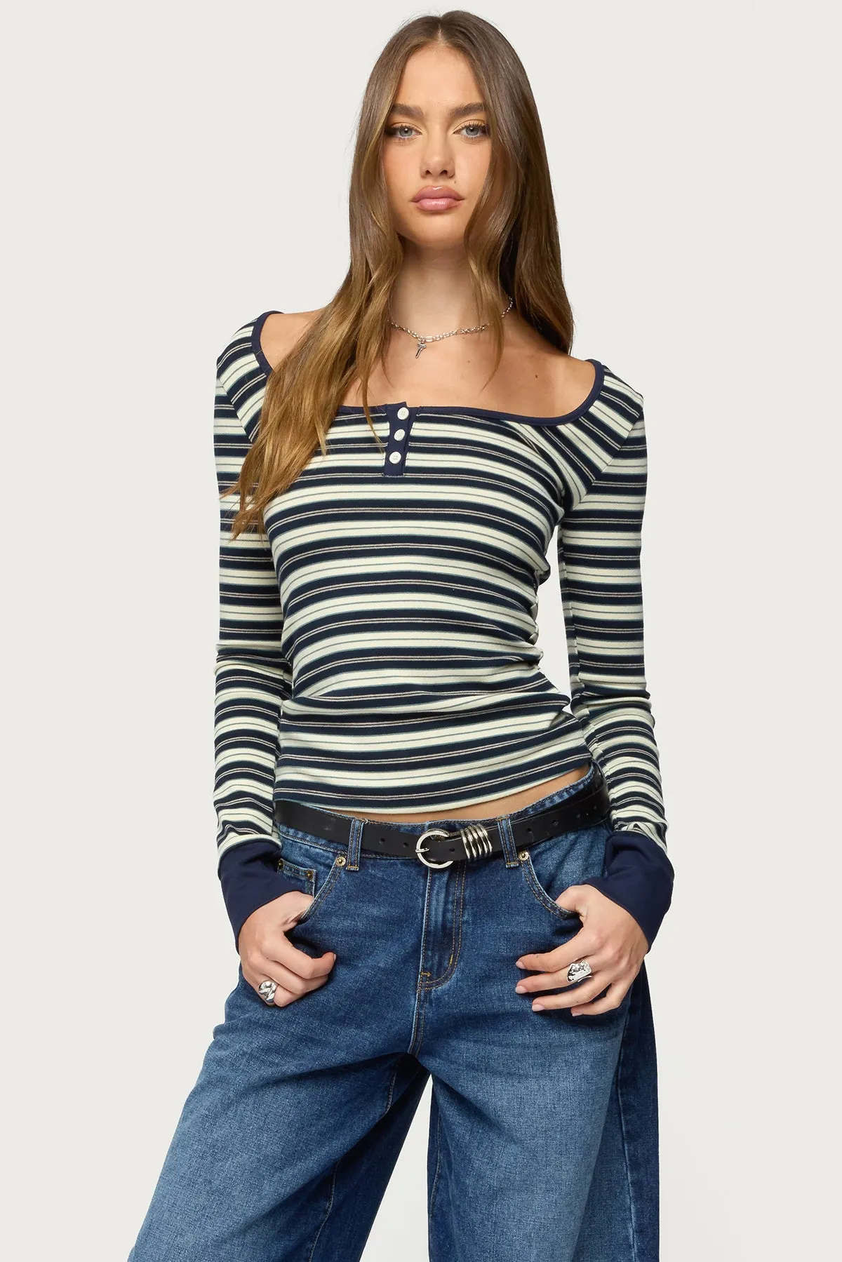 Jaida Striped Henley Top sold by Edikted