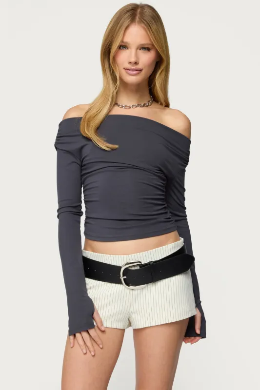 Milane Ruched Off Shoulder Ribbed Top sold by Edikted