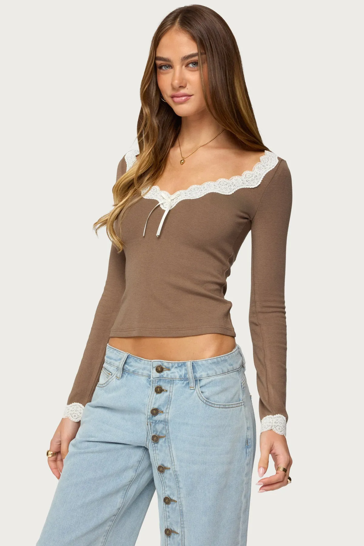 Contrast Lacey Long Sleeve Top sold by Edikted product image thumbnail 3