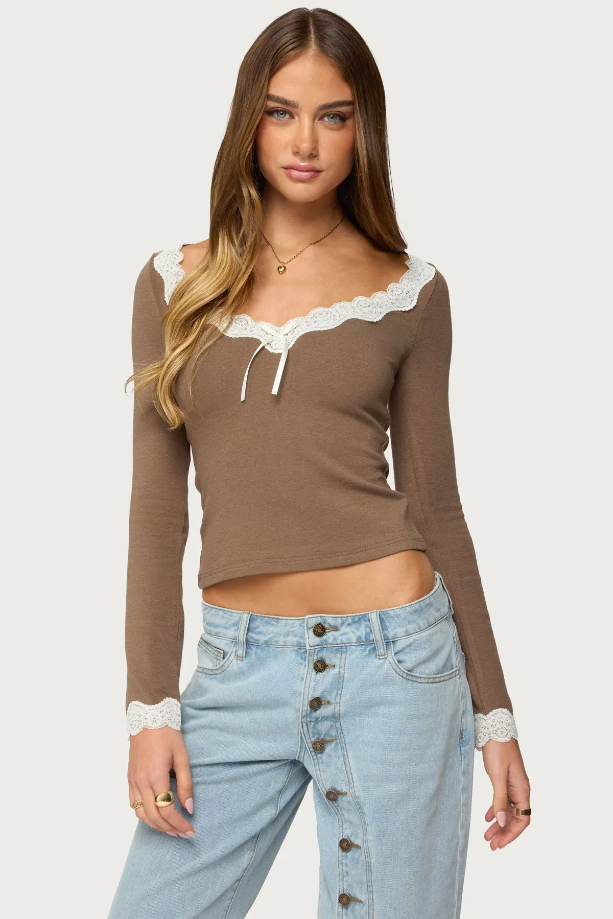 Contrast Lacey Long Sleeve Top sold by Edikted