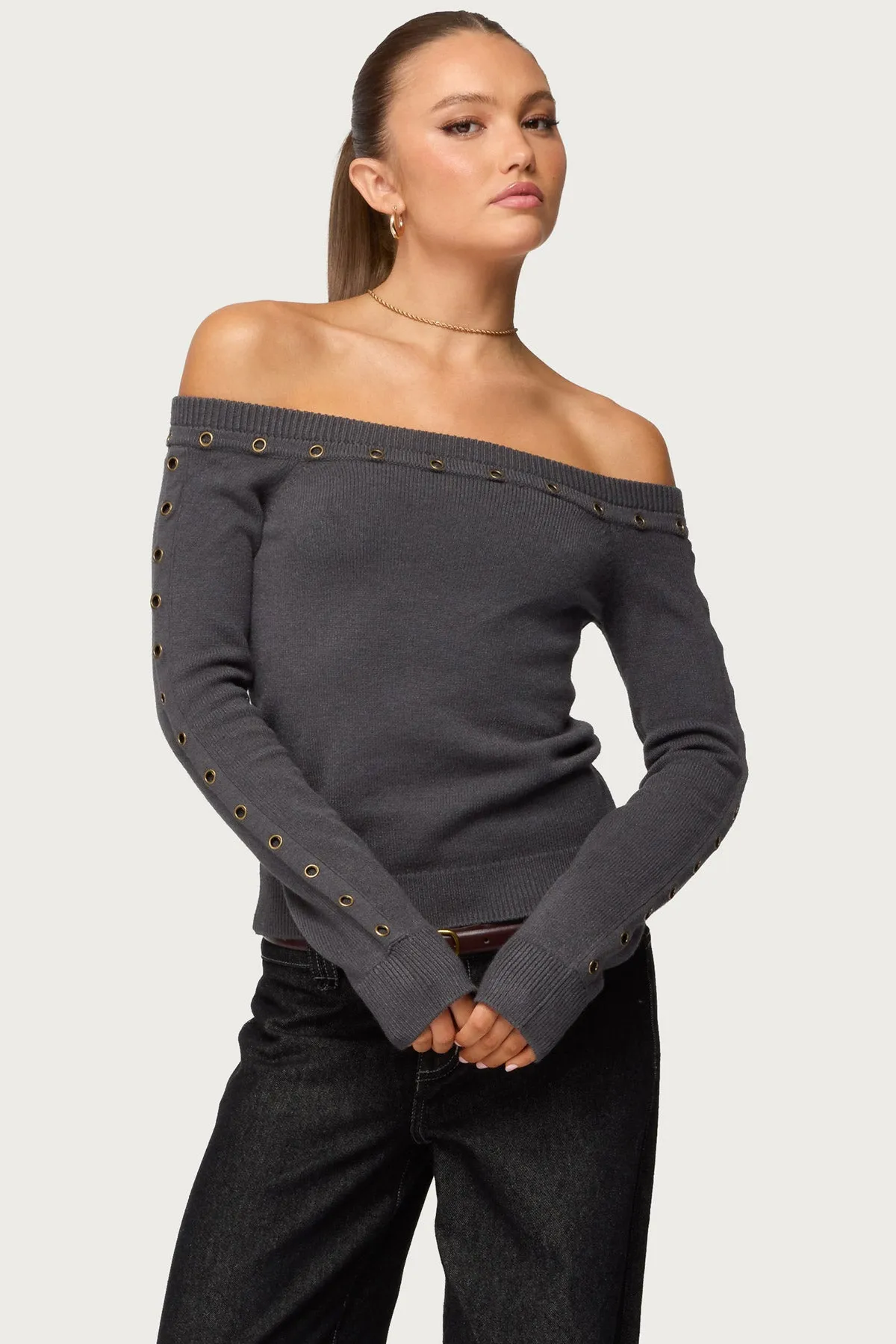 Morgen Grommet Off Shoulder Knit Top sold by Edikted