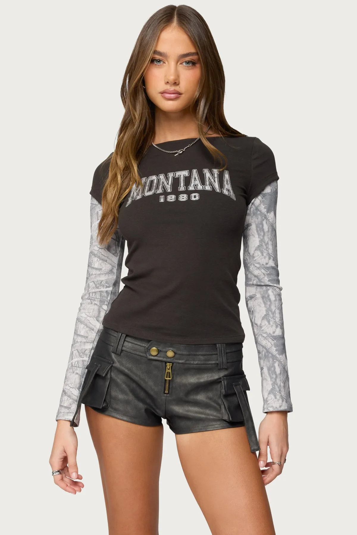 Layered Camo Long Sleeve T Shirt sold by Edikted