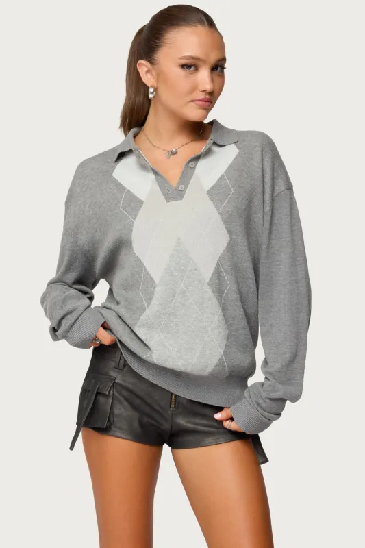 Kati Argyle Oversized Polo Sweater sold by Edikted