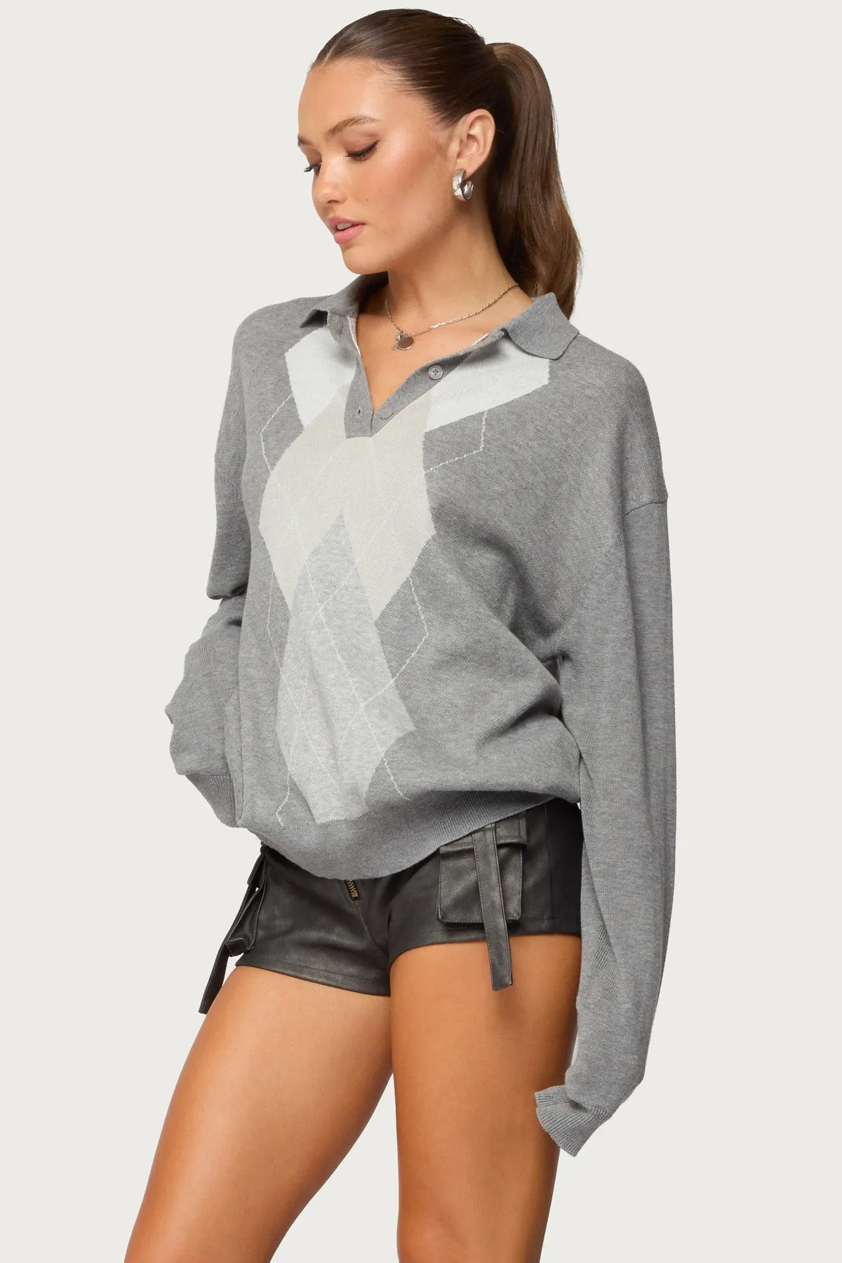 Kati Argyle Oversized Polo Sweater sold by Edikted product image thumbnail 3